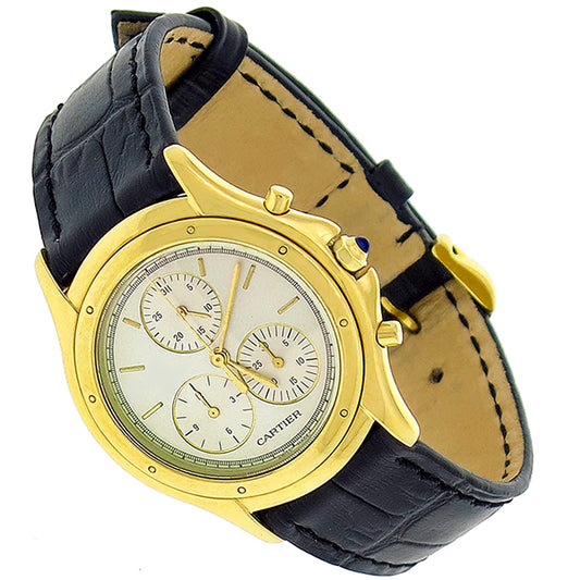 Estate Cartier 18k Yellow Gold Chronograph Leather Watch