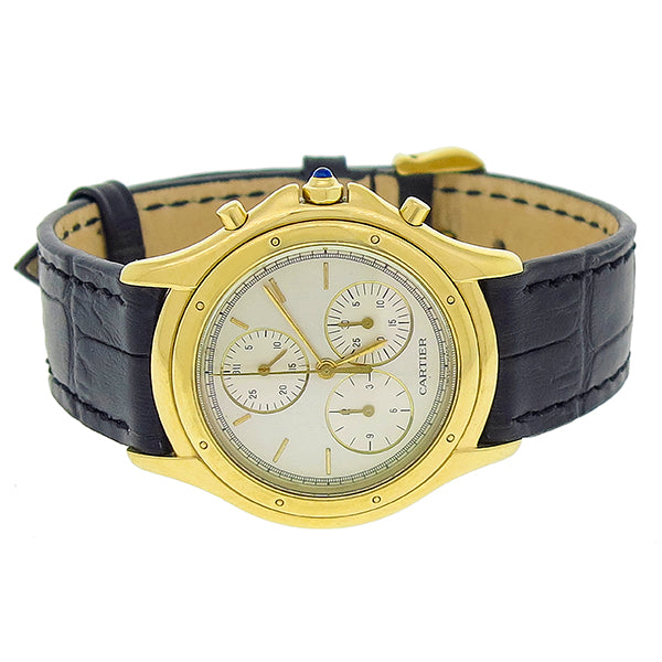 Estate Cartier 18k Yellow Gold Chronograph Leather Watch