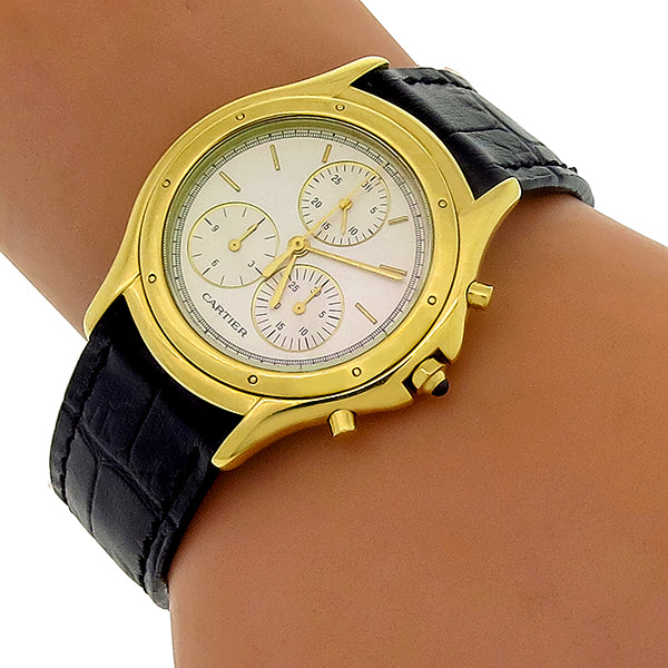Estate Cartier 18k Yellow Gold Chronograph Leather Watch