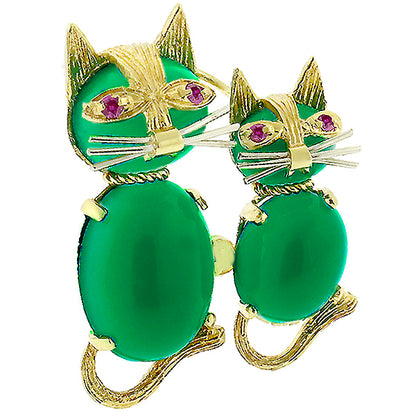 Chrysoprase Ruby Gold Cat Pin