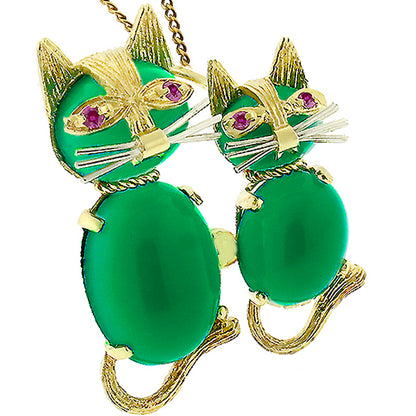 Chrysoprase Ruby Gold Cat Pin