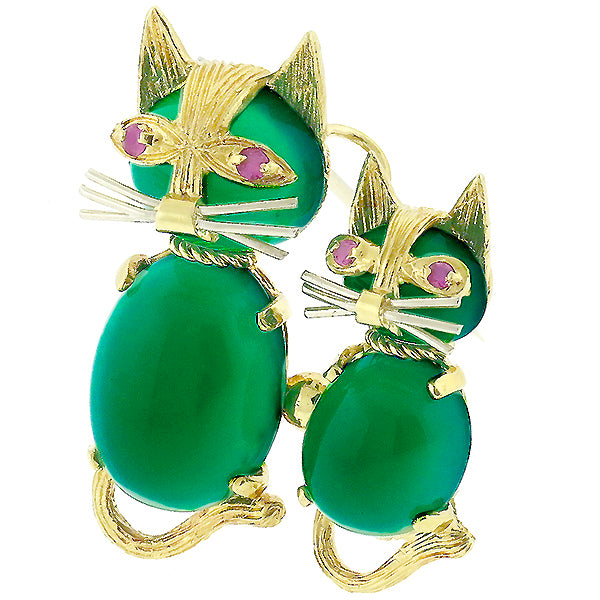 Chrysoprase Ruby Gold Cat Pin