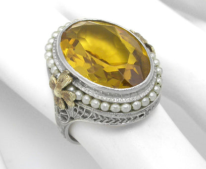 Citrine Seed Pearl 10k Gold Ring