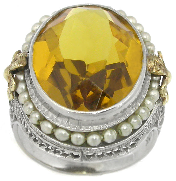 Citrine Seed Pearl 10k Gold Ring