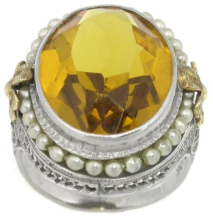 Citrine Seed Pearl 10k Gold Ring