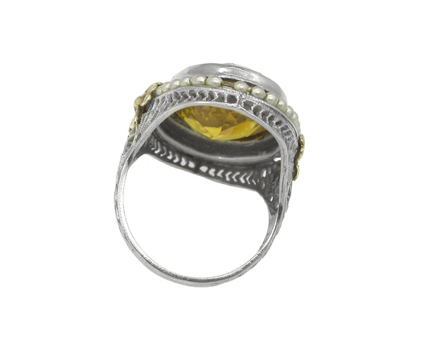 Citrine Seed Pearl 10k Gold Ring