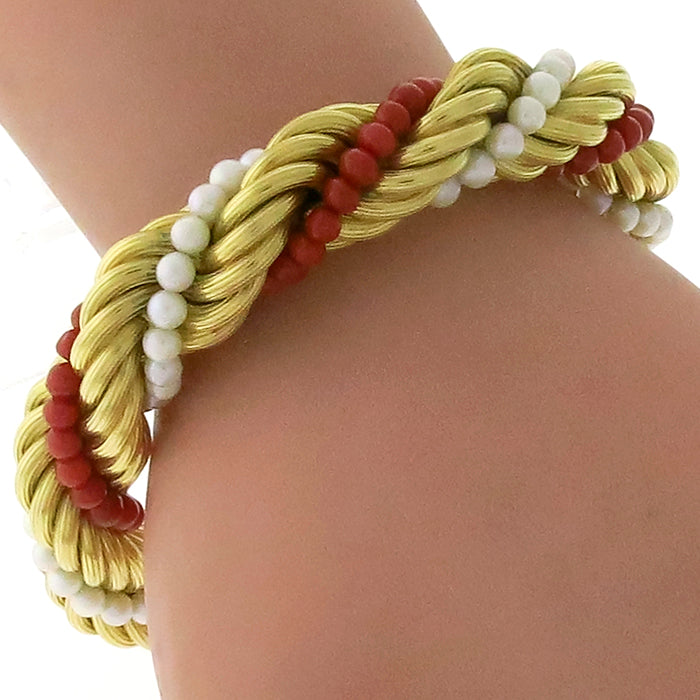 Estate 1960s Pearl And Coral  Bead 18k Yellow Gold  French Twist Rope Bracelet