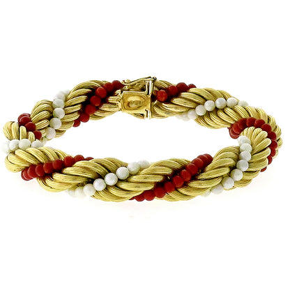 Estate 1960s Pearl And Coral  Bead 18k Yellow Gold  French Twist Rope Bracelet
