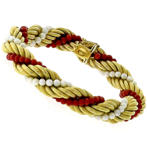Estate 1960s Pearl And Coral  Bead 18k Yellow Gold  French Twist Rope Bracelet