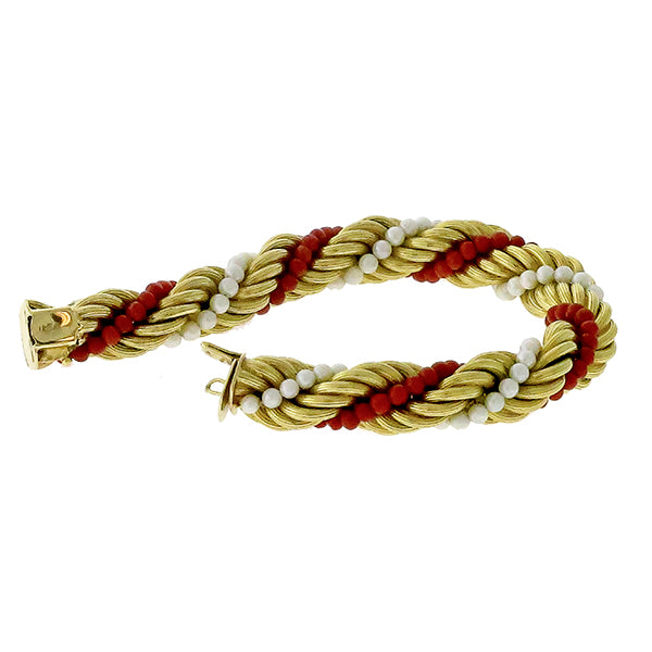 Estate 1960s Pearl And Coral  Bead 18k Yellow Gold  French Twist Rope Bracelet