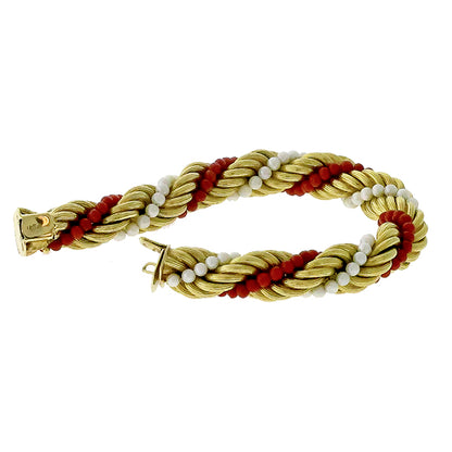 Estate 1960s Pearl And Coral  Bead 18k Yellow Gold  French Twist Rope Bracelet