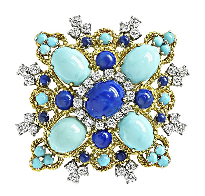 1960s Lapis Turquoise 3.00ct Diamond Gold Pin