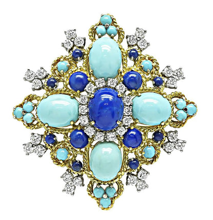 1960s Lapis Turquoise 3.00ct Diamond Gold Pin