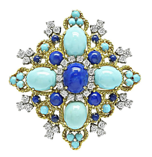 1960s Lapis Turquoise 3.00ct Diamond Gold Pin