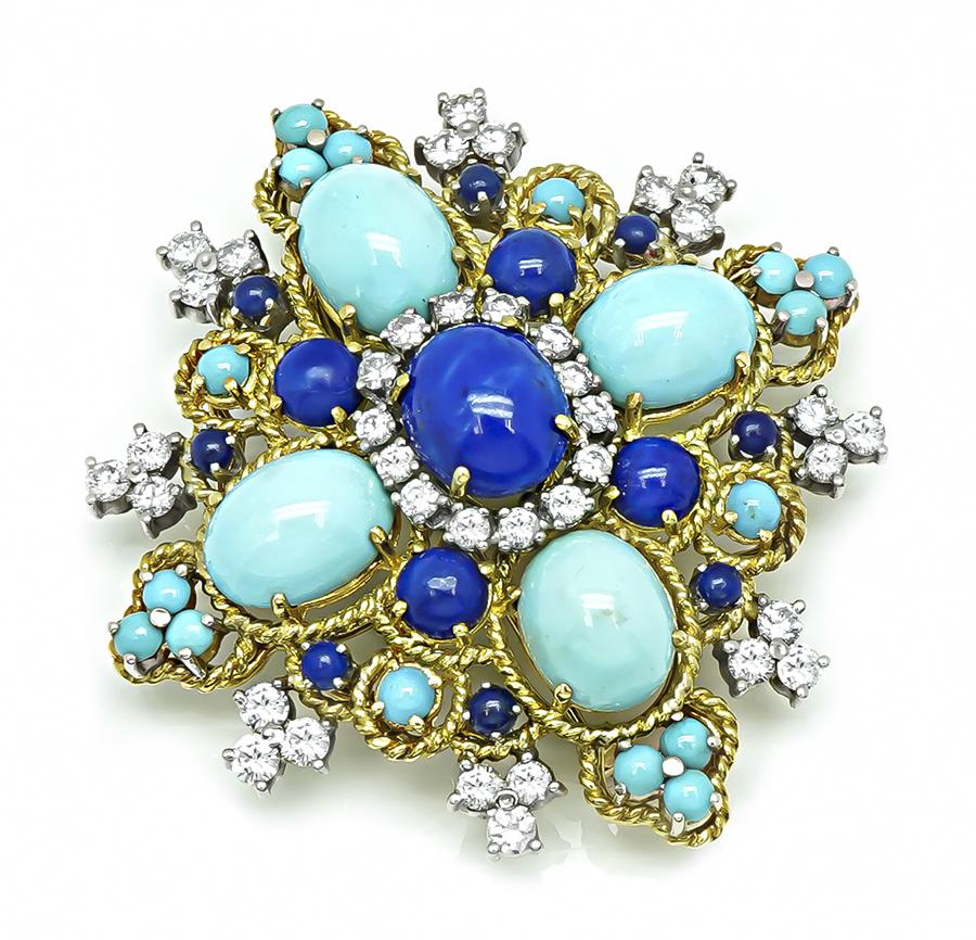 1960s Lapis Turquoise 3.00ct Diamond Gold Pin