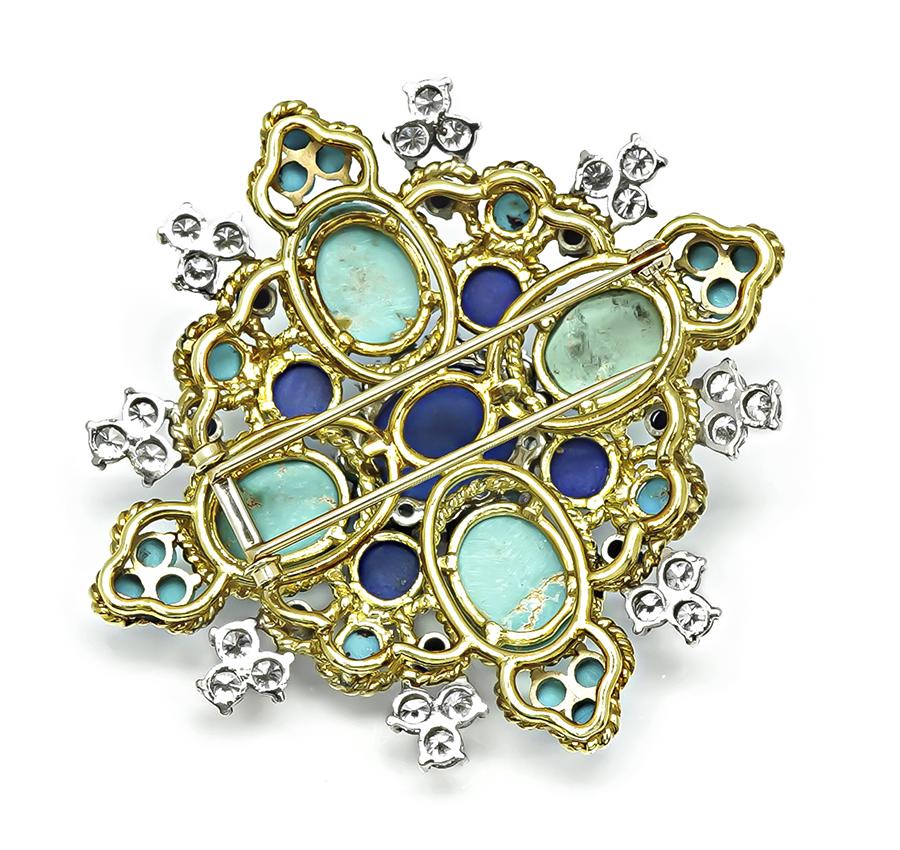1960s Lapis Turquoise 3.00ct Diamond Gold Pin
