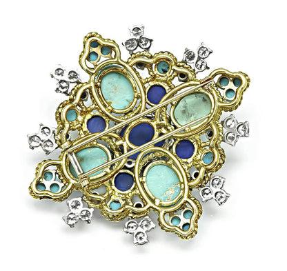1960s Lapis Turquoise 3.00ct Diamond Gold Pin