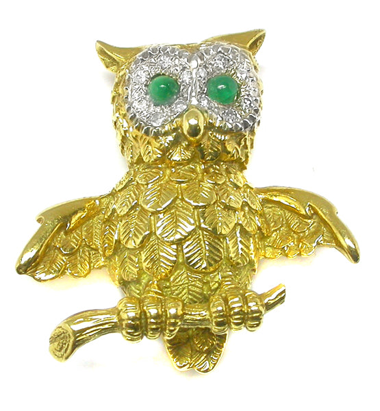 Diamond Emerald 18k Yellow Gold Owl Pin