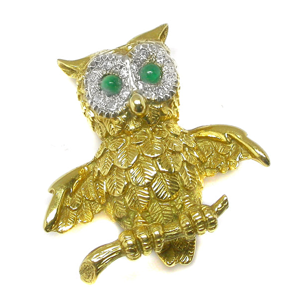 Diamond Emerald 18k Yellow Gold Owl Pin