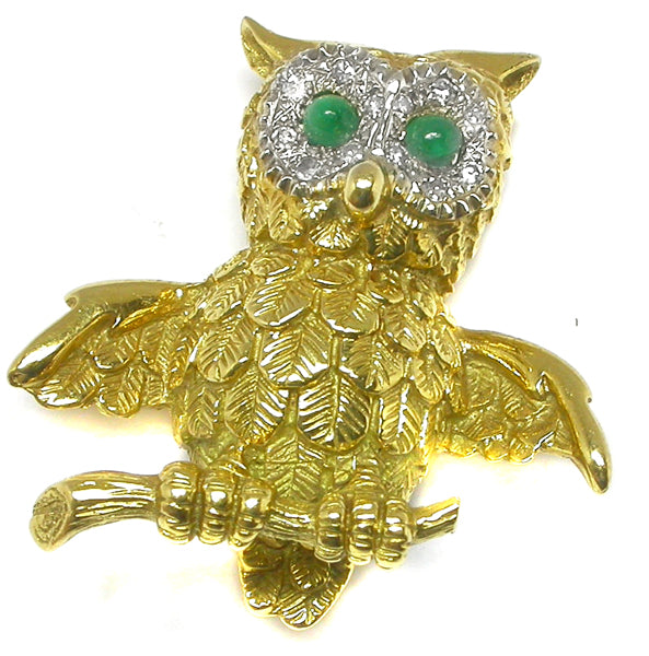 Diamond Emerald 18k Yellow Gold Owl Pin