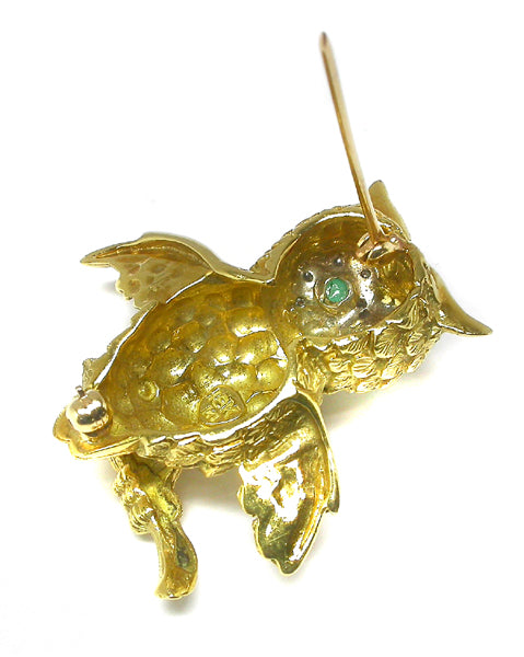 Diamond Emerald 18k Yellow Gold Owl Pin