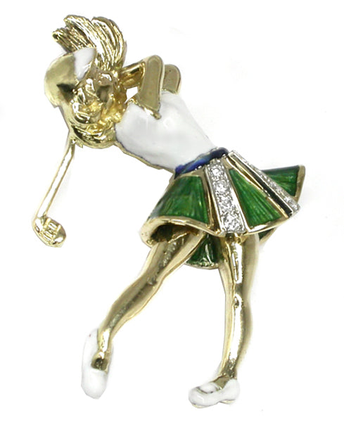 Diamond Enamel 18k Yellow Gold Golfer Pendant