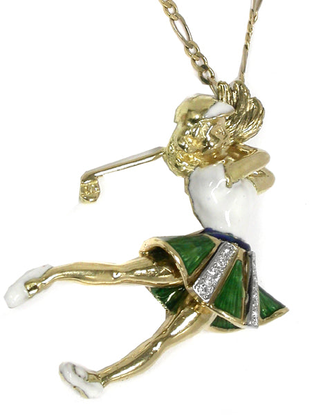 Diamond Enamel 18k Yellow Gold Golfer Pendant