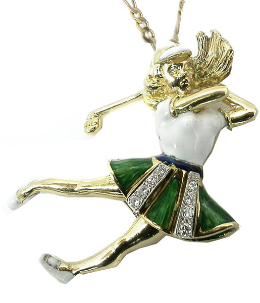 Diamond Enamel 18k Yellow Gold Golfer Pendant
