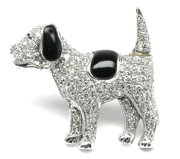 Diamond Onyx Ruby Platinum Dog Pin