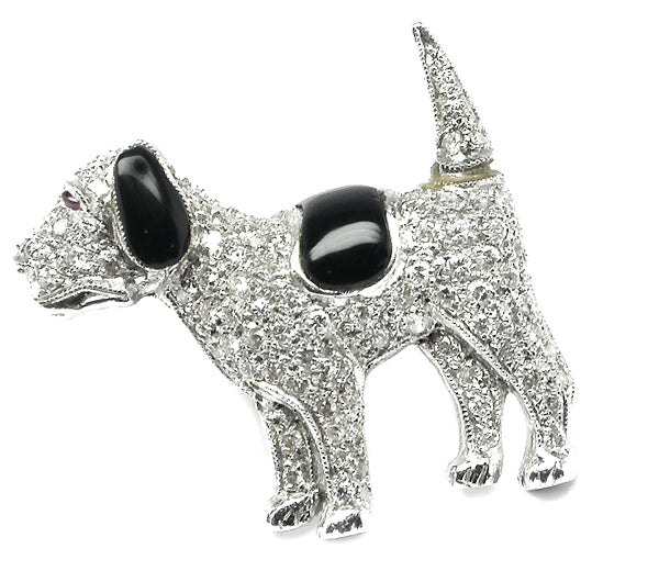 Diamond Onyx Ruby Platinum Dog Pin