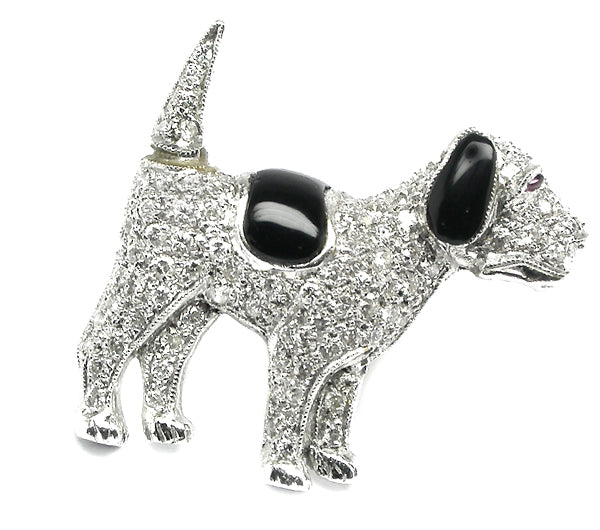 Diamond Onyx Ruby Platinum Dog Pin