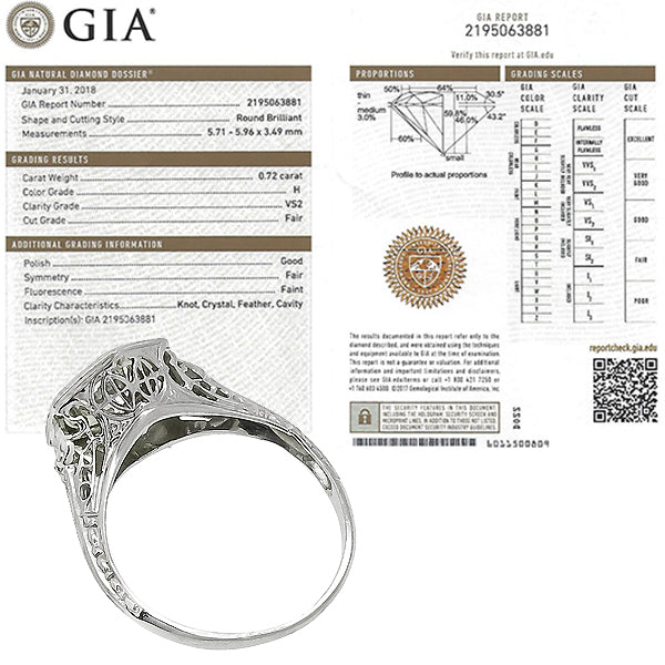 Edwardian GIA Certified 0.72ct Round Diamond 18k White Gold Engagement Ring