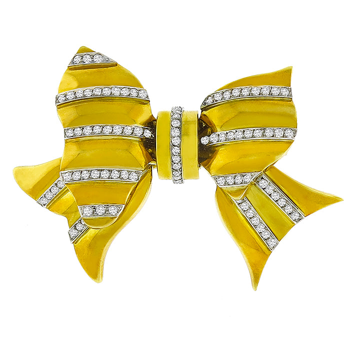 Estate 1960s 2.88ct Round Cut Diamond 18k Yellow  Gold Bow Pin