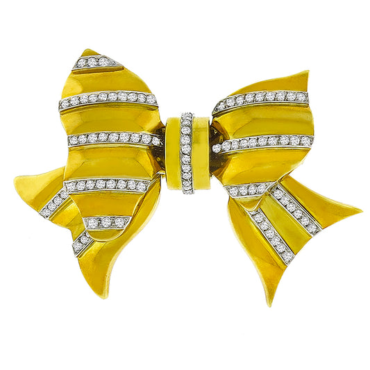 Estate 1960s 2.88ct Round Cut Diamond 18k Yellow  Gold Bow Pin