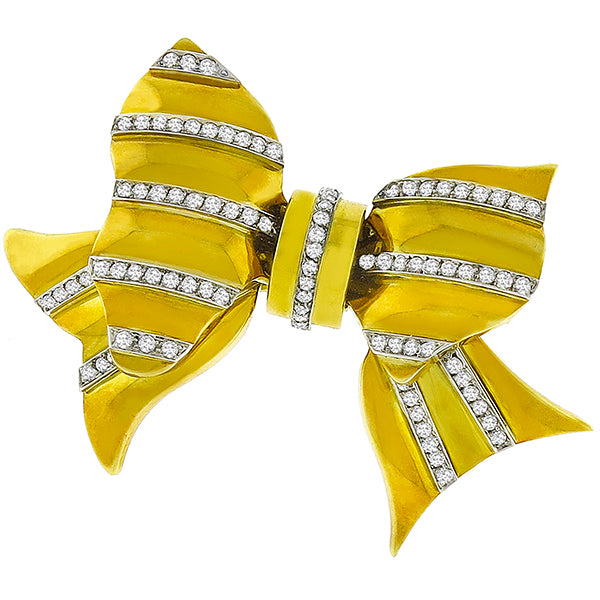 Estate 1960s 2.88ct Round Cut Diamond 18k Yellow  Gold Bow Pin