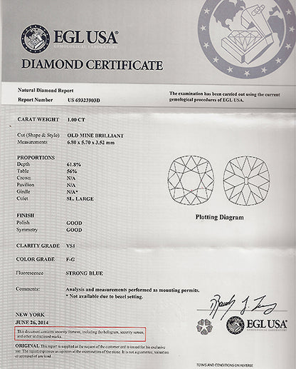 EGL Certified 1.00ct Diamond Engagement Ring