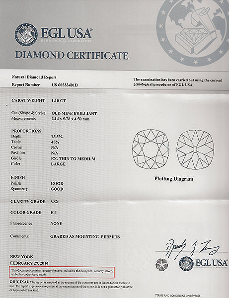 EGL Certified 1.10ct Diamond Engagement Ring