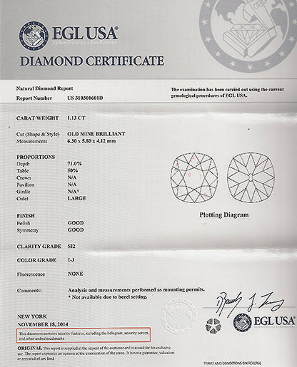 EGL Certified 1.13ct Diamond Engagement Ring