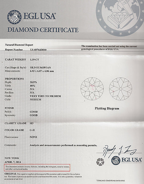 EGL Certified 1.19ct Diamond Solitaire Engagement Ring