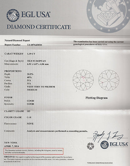 EGL Certified 1.19ct Diamond Solitaire Engagement Ring