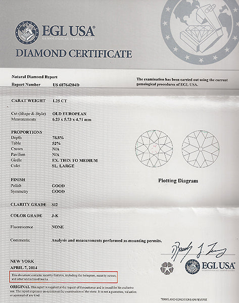 EGL Certified 1.25ct Diamond Engagement Ring