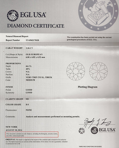 EGL Certified 1.36ct Diamond Engagement Ring