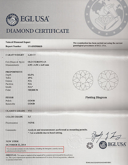 EGL Certified 1.38ct Diamond Engagement Ring