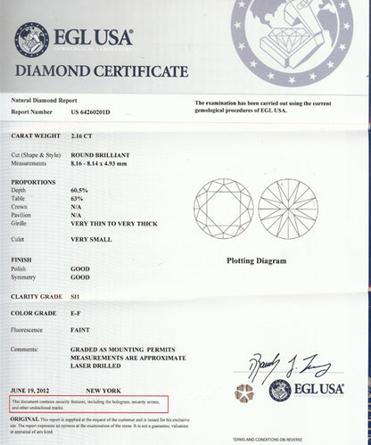 EGL Certified 2.16ct Round Brilliant Diamond Engagement Ring