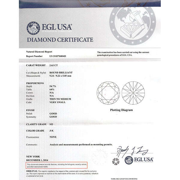 EGL Certified 2.63ct Diamond Engagement Ring