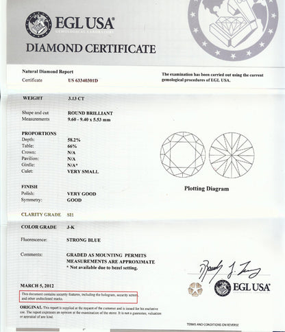 EGL Certified 3.13ct Diamond Sapphire Ring