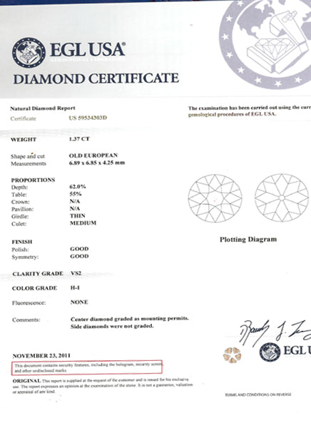 EGL Certified H-I VS2 1.37ct Old European Diamond Platinum Engagement Ring