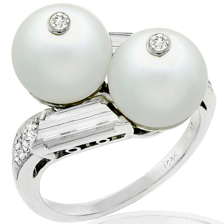 Estate Pearl 1.00ct Trapezoid Diamond 18k White Gold Ring