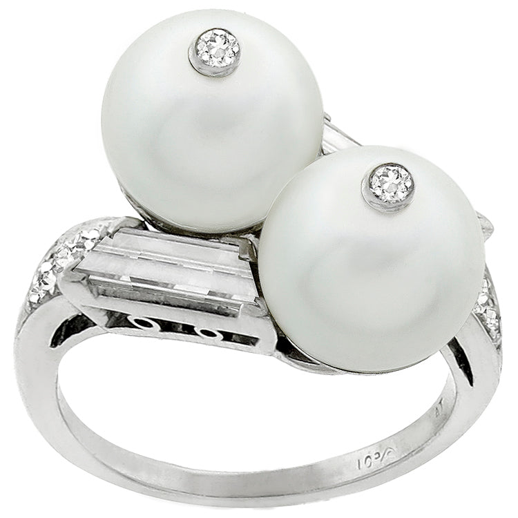 Estate Pearl 1.00ct Trapezoid Diamond 18k White Gold Ring