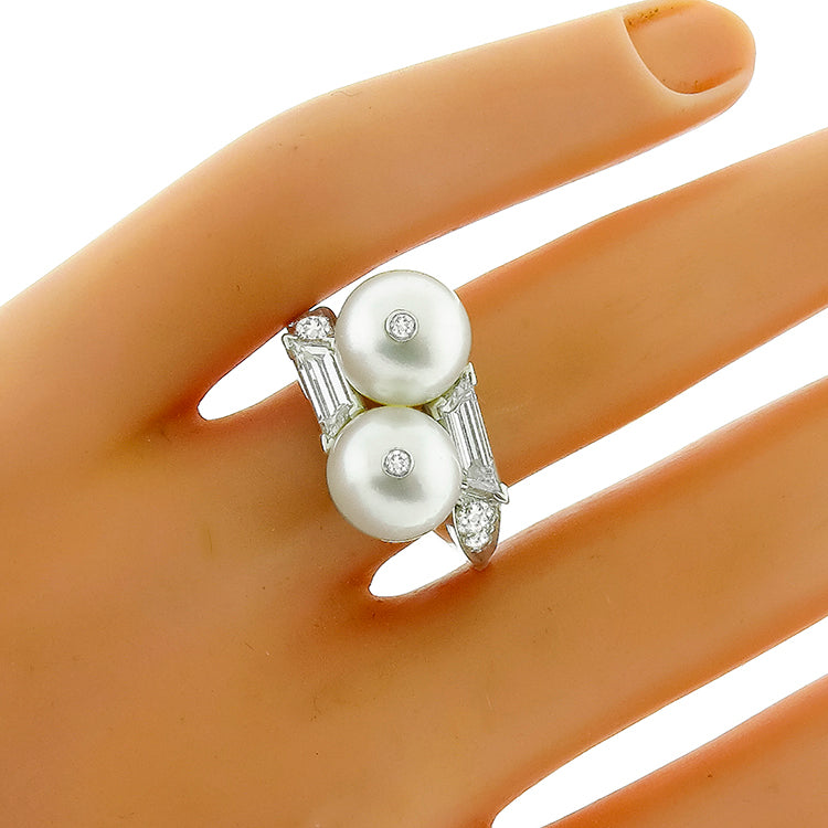 Estate Pearl 1.00ct Trapezoid Diamond 18k White Gold Ring